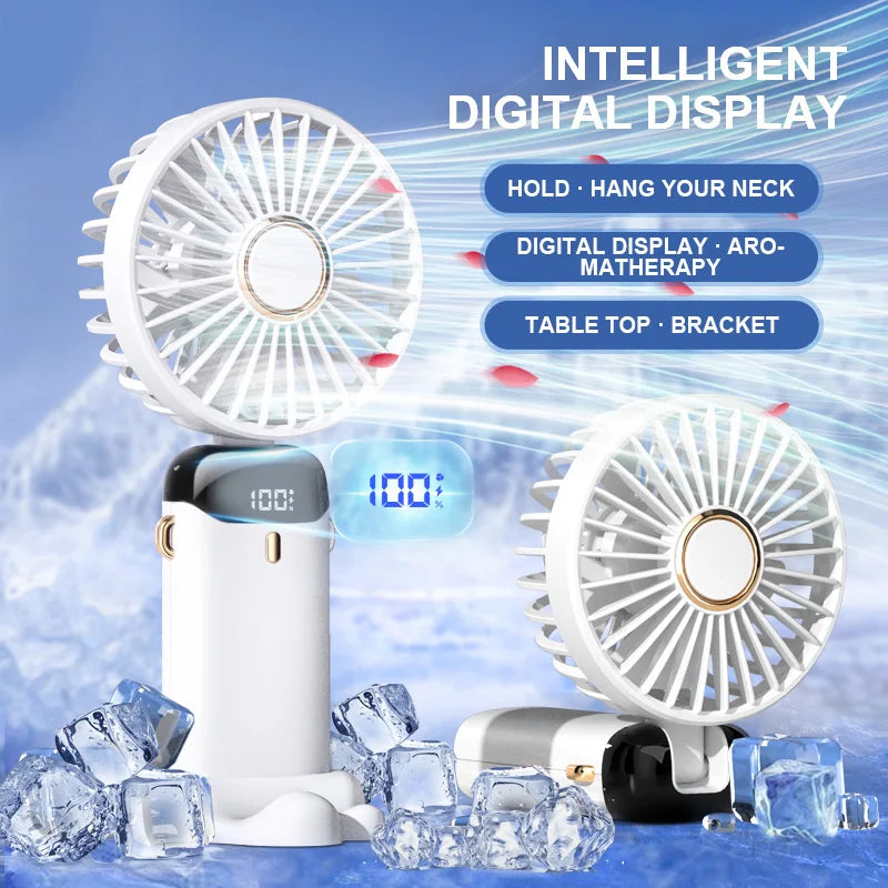 Portable fan with digital display on a blue background