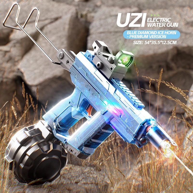 "BreezeTech electric Uzi water gun, rechargeable summer blaster"