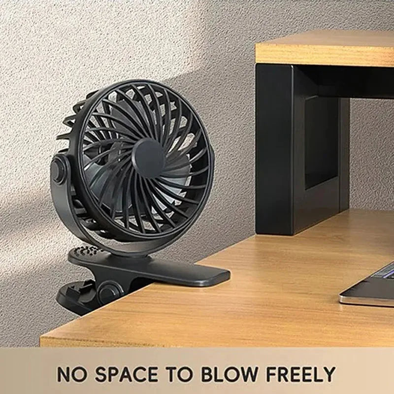 "BreezeTech 720° clip and standing fan, rechargeable portable cooling fan"