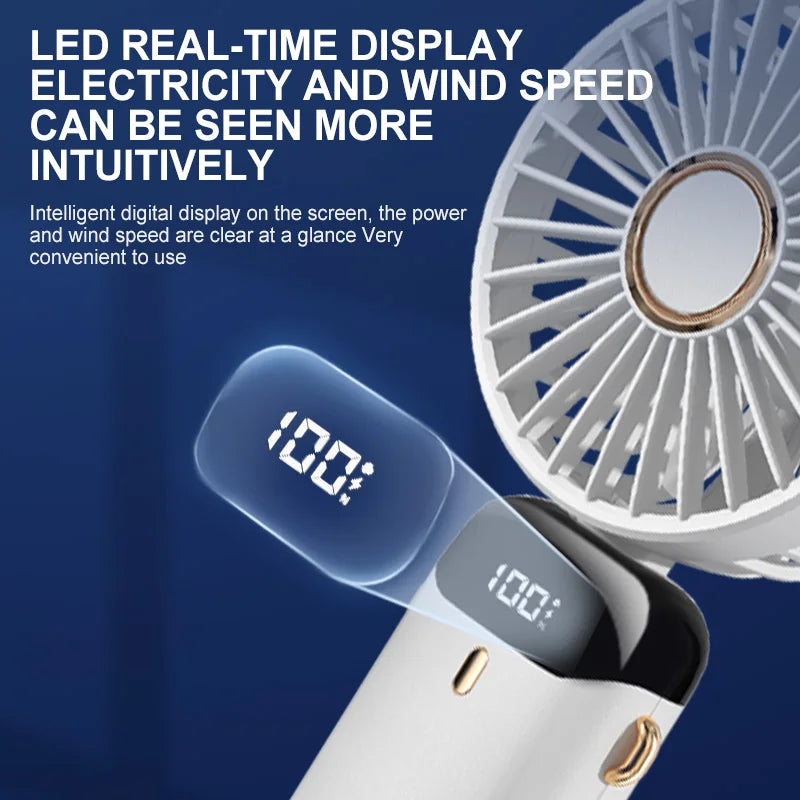 Handheld fan with digital display on a blue background