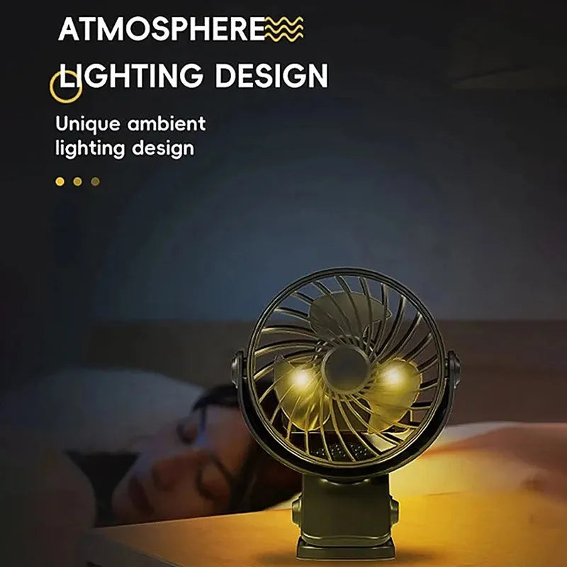 "BreezeTech 720° clip and standing fan, rechargeable portable cooling fan"