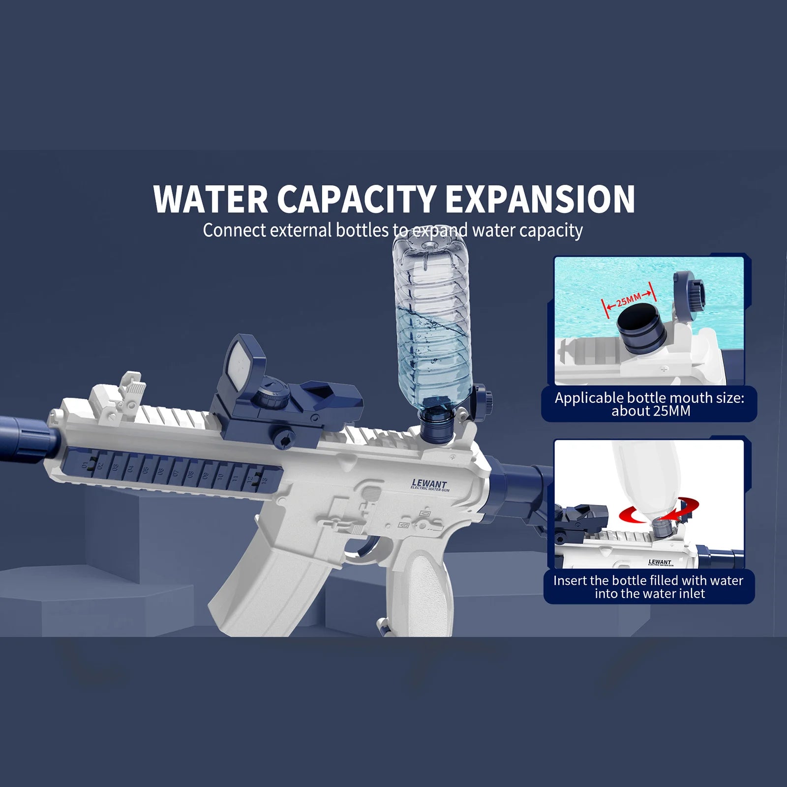 "BreezeTech M416 electric water gun with bottle attachment, kids summer blaster"