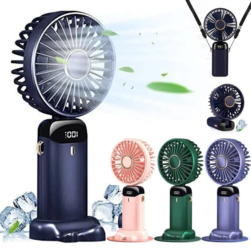 Collection of portable fans in various colors with a white background