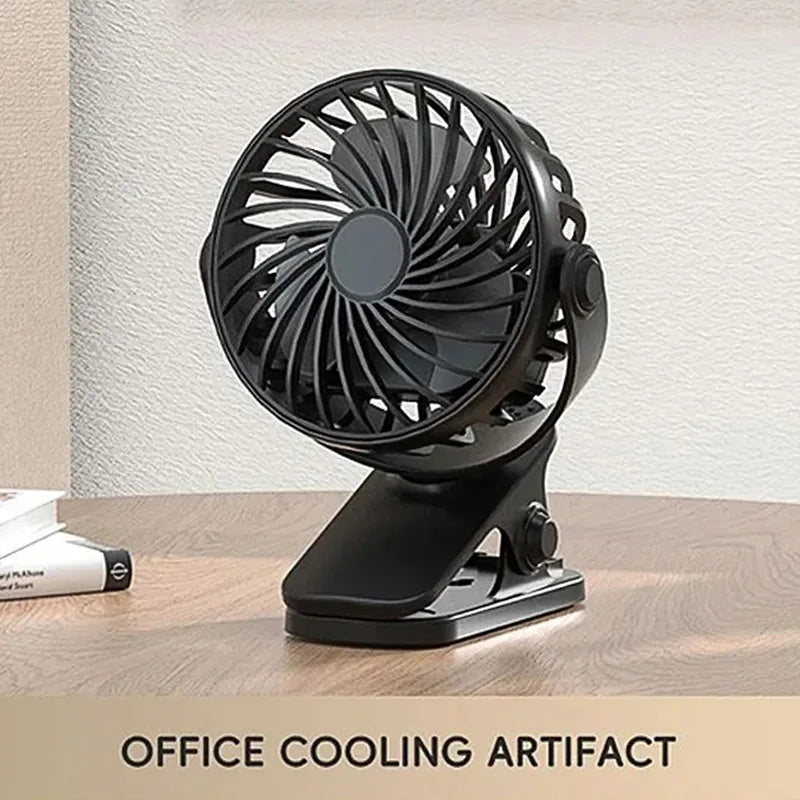 "BreezeTech 720° clip and standing fan, rechargeable portable cooling fan"