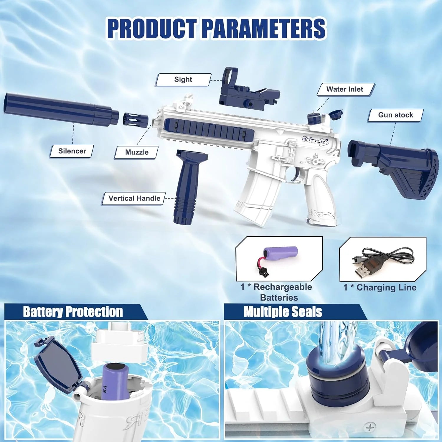 "BreezeTech M416 electric water gun with bottle attachment, kids summer blaster"