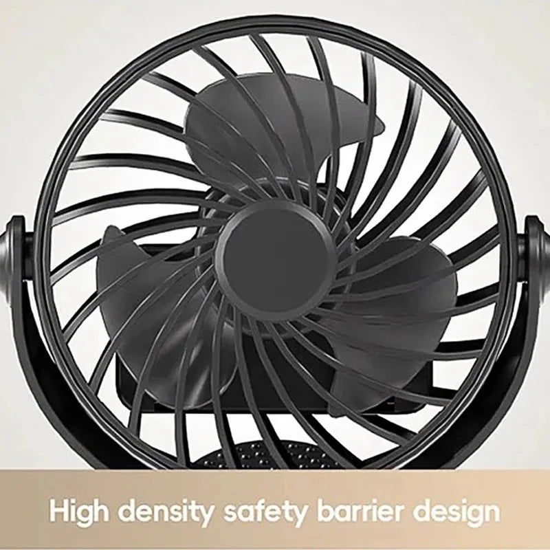 "BreezeTech 720° clip and standing fan, rechargeable portable cooling fan"