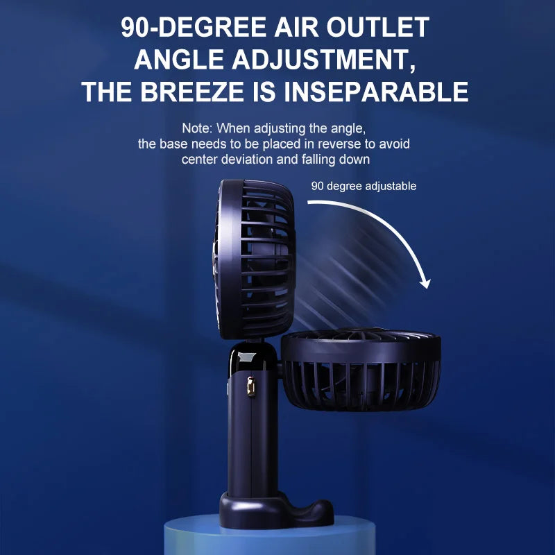Black adjustable air outlet device on a blue background with text about angle adjustment.