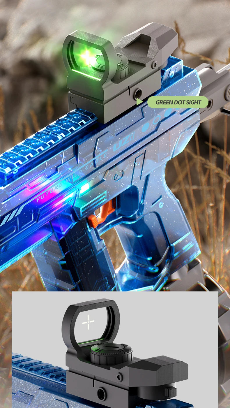 "BreezeTech electric Uzi water gun, rechargeable summer blaster"