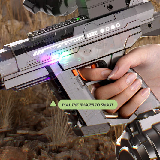 "BreezeTech electric Uzi water gun, rechargeable summer blaster"