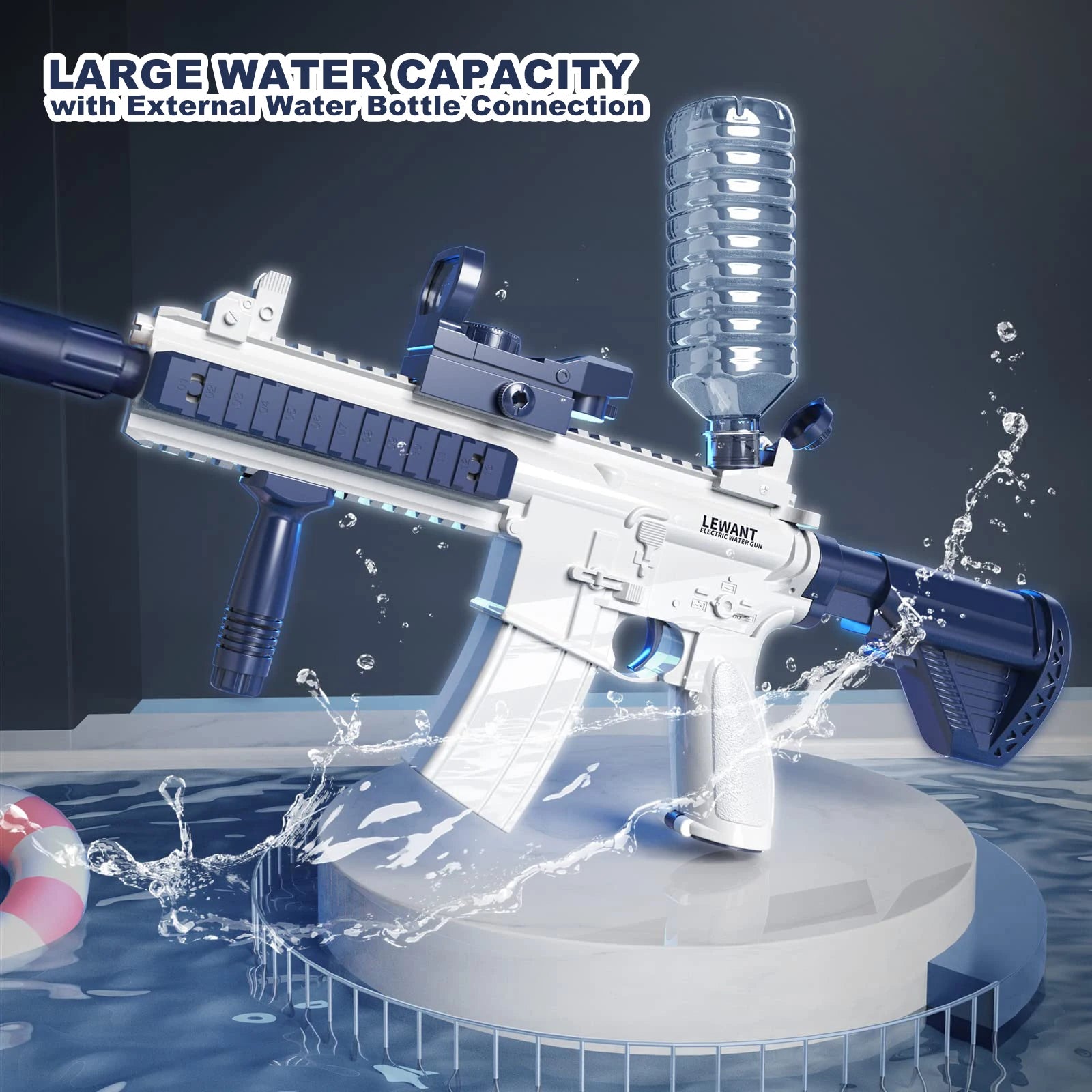 "BreezeTech M416 electric water gun with bottle attachment, kids summer blaster"