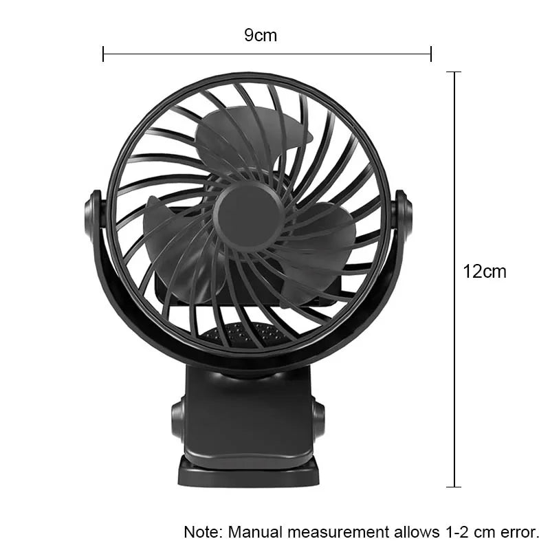 "BreezeTech 720° clip and standing fan, rechargeable portable cooling fan"