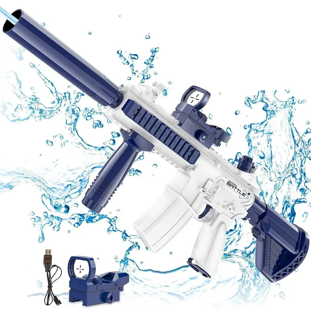 "BreezeTech M416 electric water gun with bottle attachment, kids summer blaster"