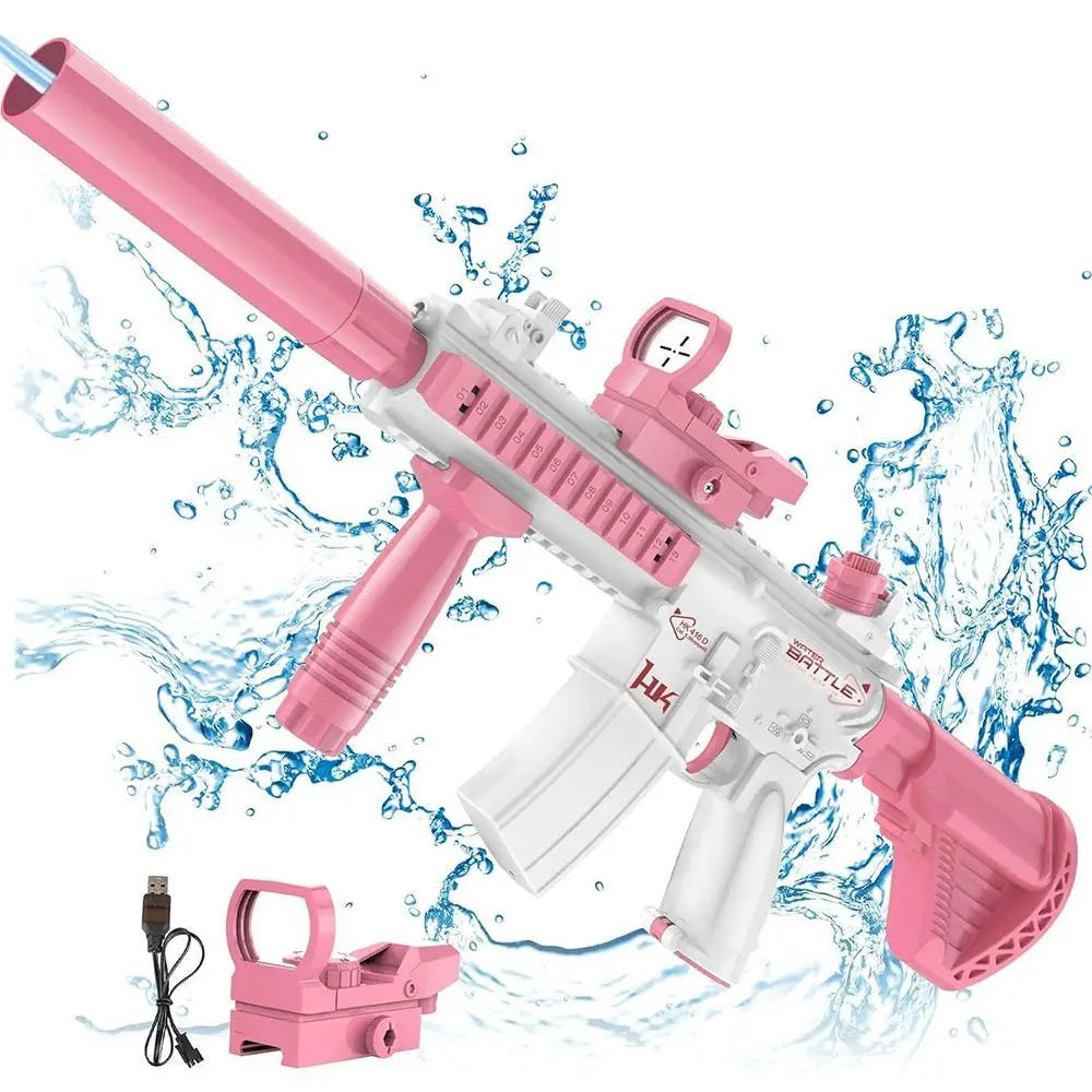 "BreezeTech M416 electric water gun with bottle attachment, kids summer blaster"