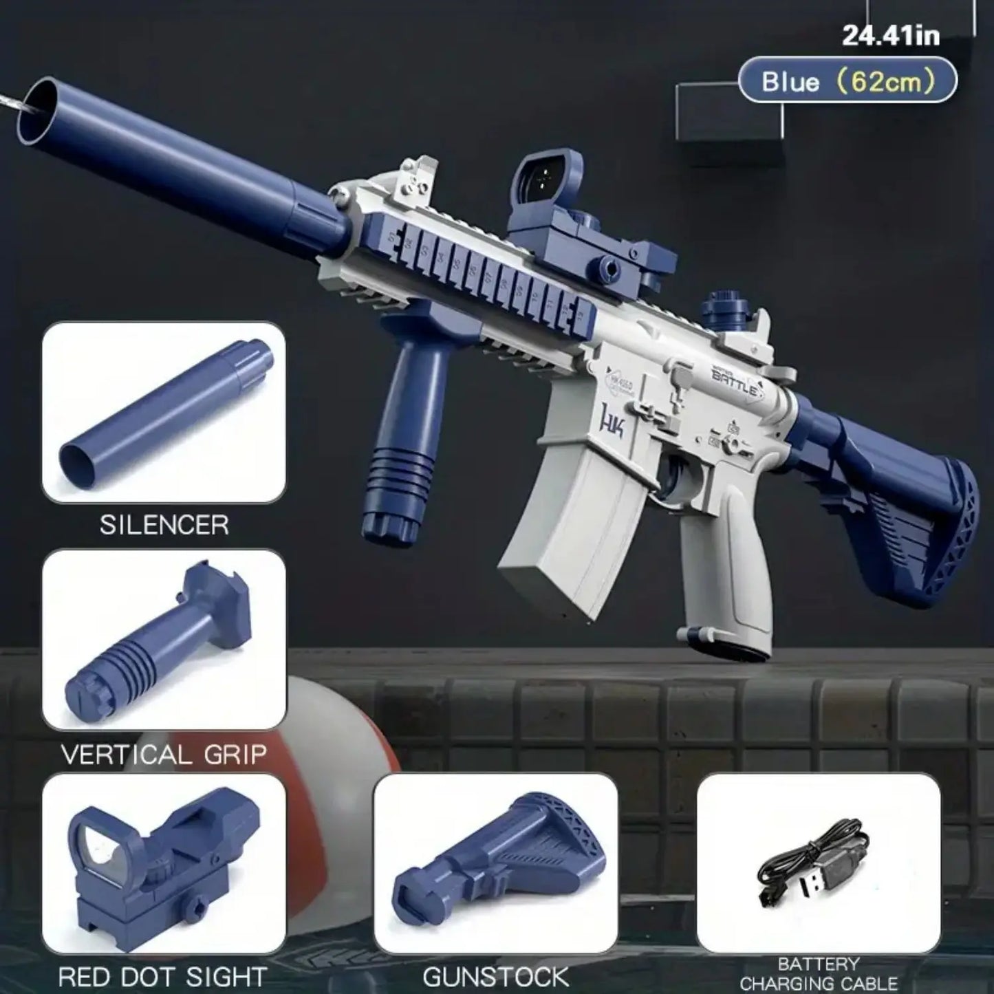"BreezeTech M416 electric water gun with bottle attachment, kids summer blaster"