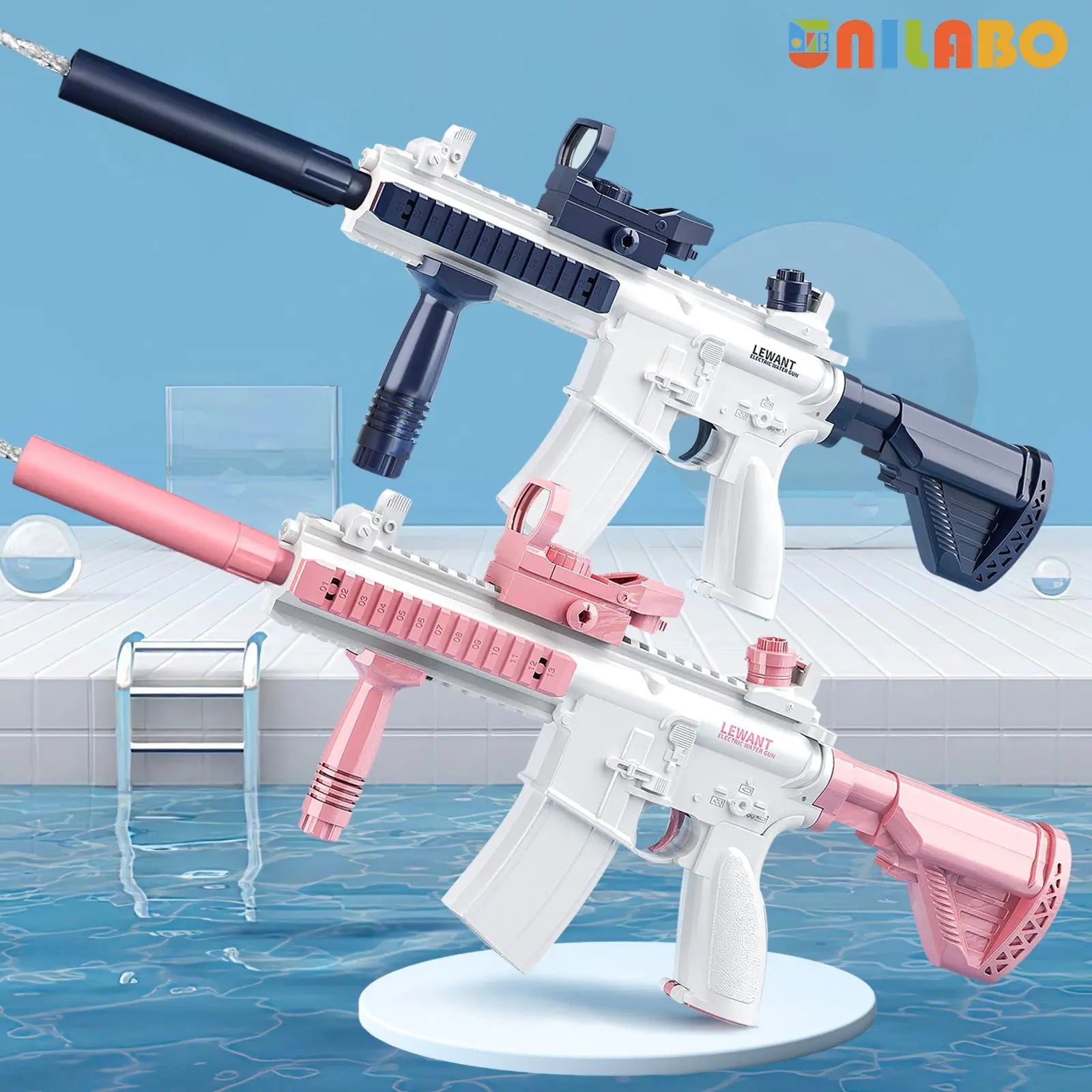 "BreezeTech M416 electric water gun with bottle attachment, kids summer blaster"