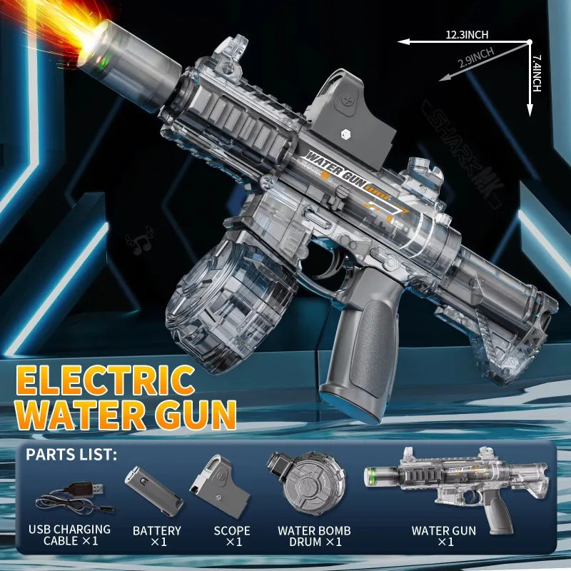 "BreezeTech M416 electric water gun, rechargeable summer blaster"