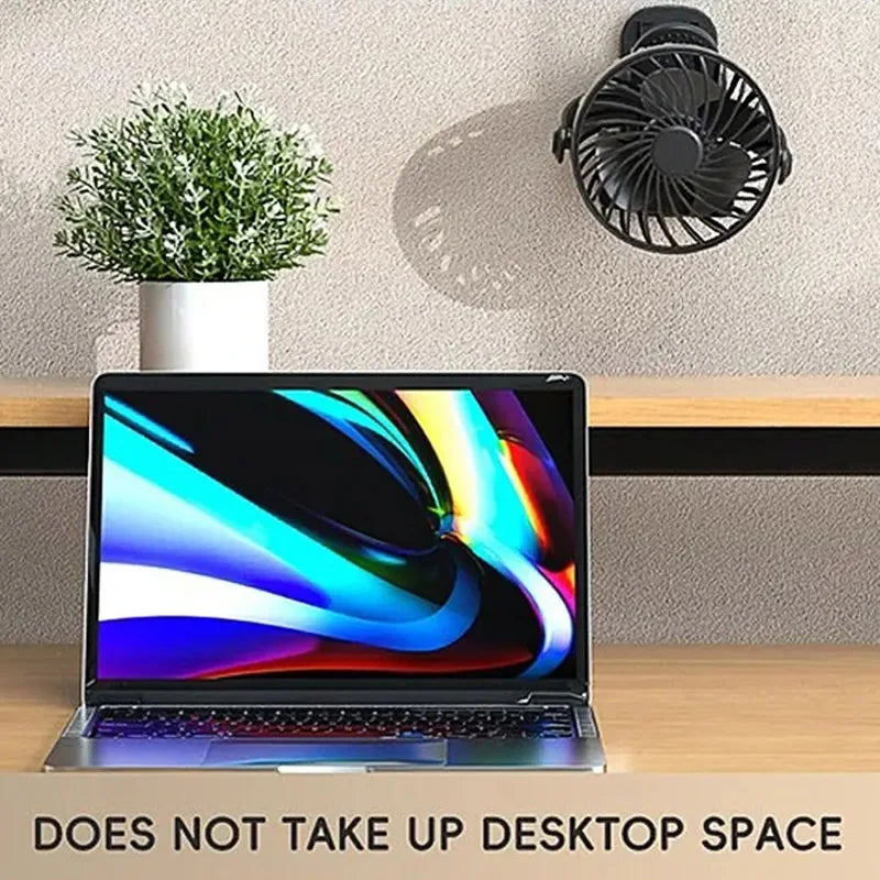 "BreezeTech 720° clip and standing fan, rechargeable portable cooling fan"