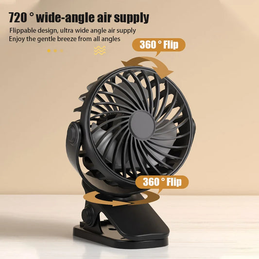 "BreezeTech 720° clip and standing fan, rechargeable portable cooling fan"
