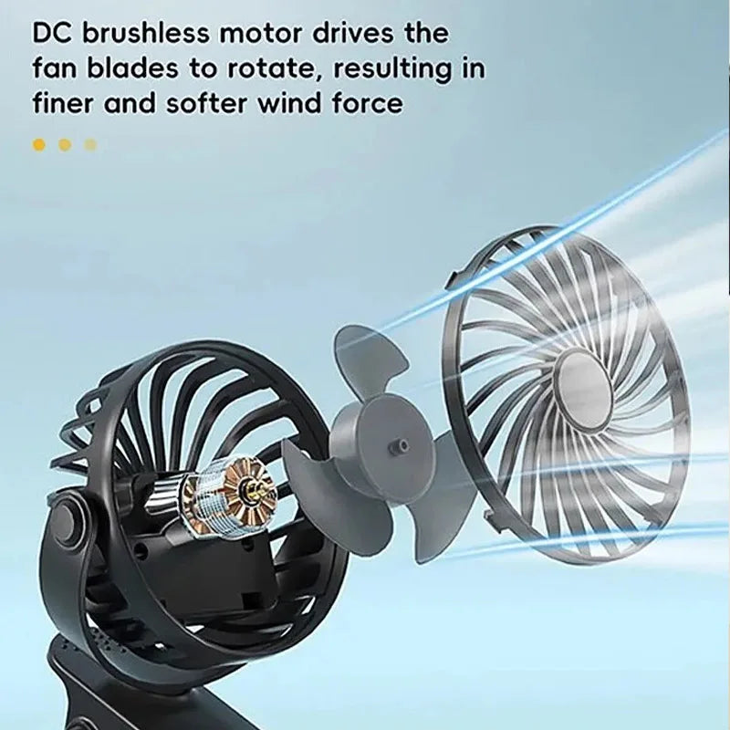 "BreezeTech 720° clip and standing fan, rechargeable portable cooling fan"