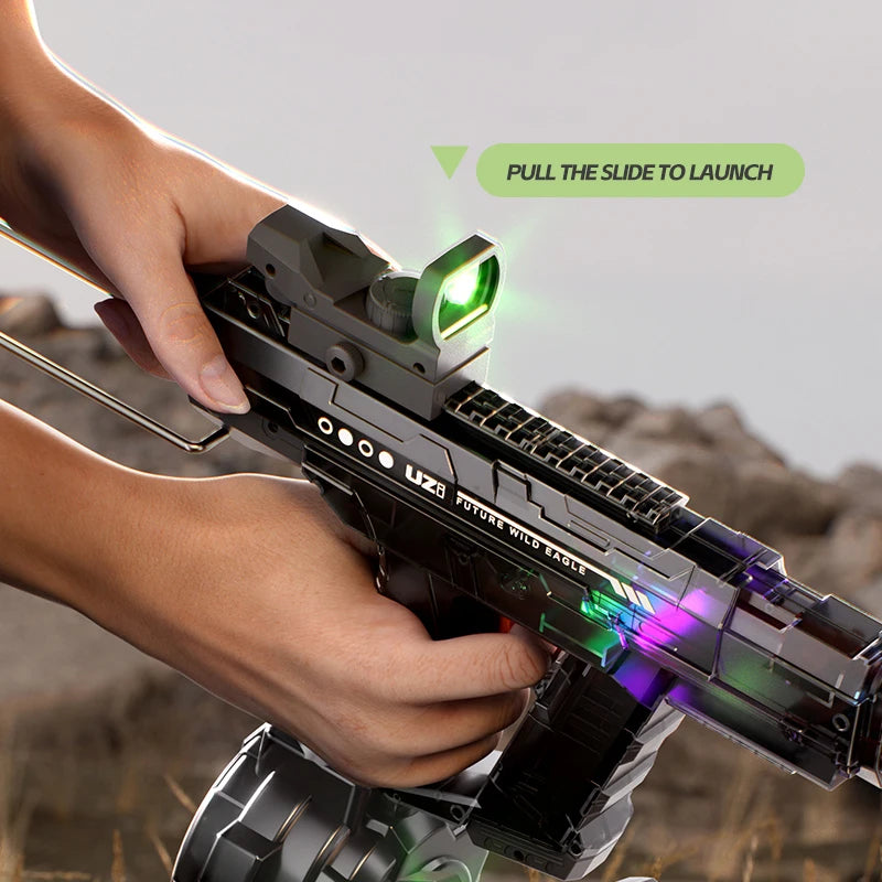 "BreezeTech electric Uzi water gun, rechargeable summer blaster"