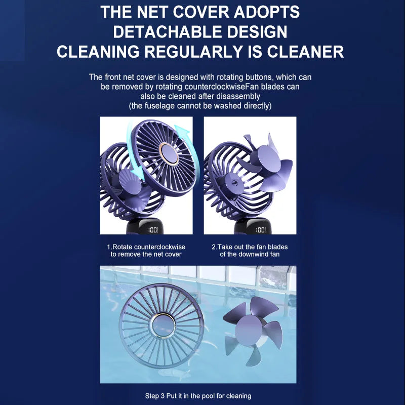 Instructions for cleaning a detachable fan with text on a blue background