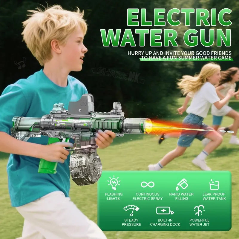 "BreezeTech M416 electric water gun, rechargeable summer blaster"