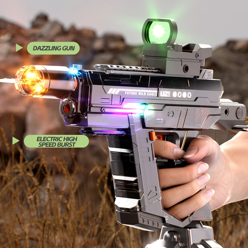 "BreezeTech electric Uzi water gun, rechargeable summer blaster"