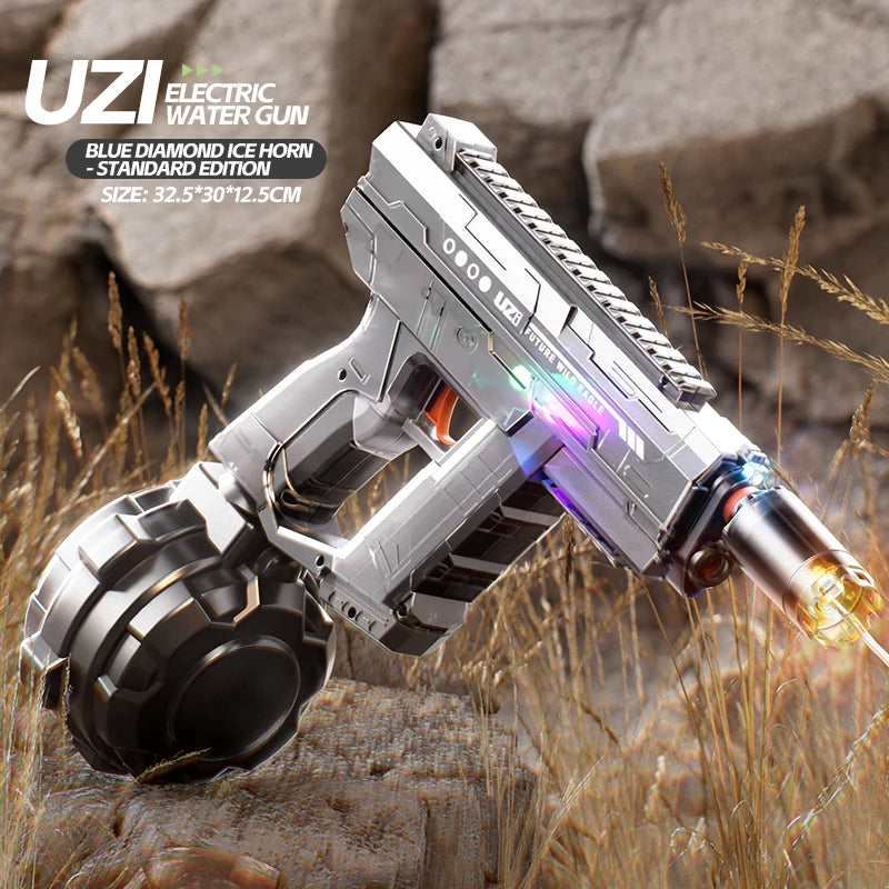 "BreezeTech electric Uzi water gun, rechargeable summer blaster"