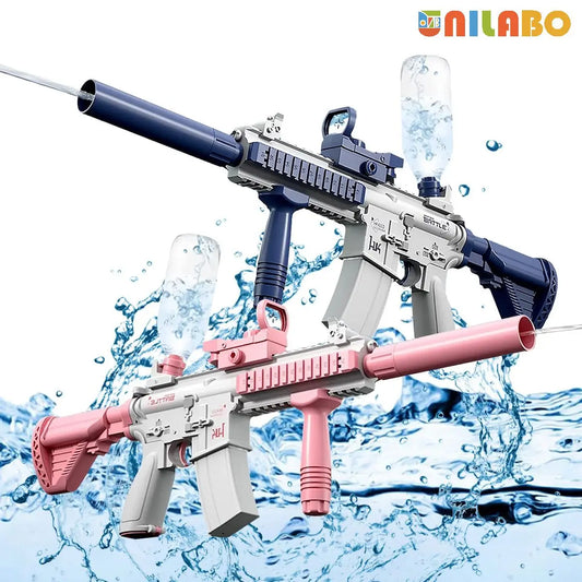 "BreezeTech M416 electric water gun with bottle attachment, kids summer blaster"